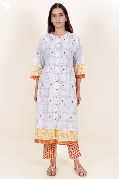 Cotton Kurta Pant And Dupatta Set In Block Print